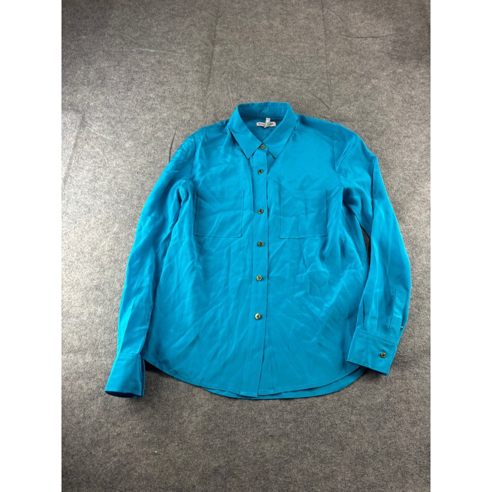 Juicy Couture Turquoise Blue 100% Silk Button Down Blouse Gold Buttons XS